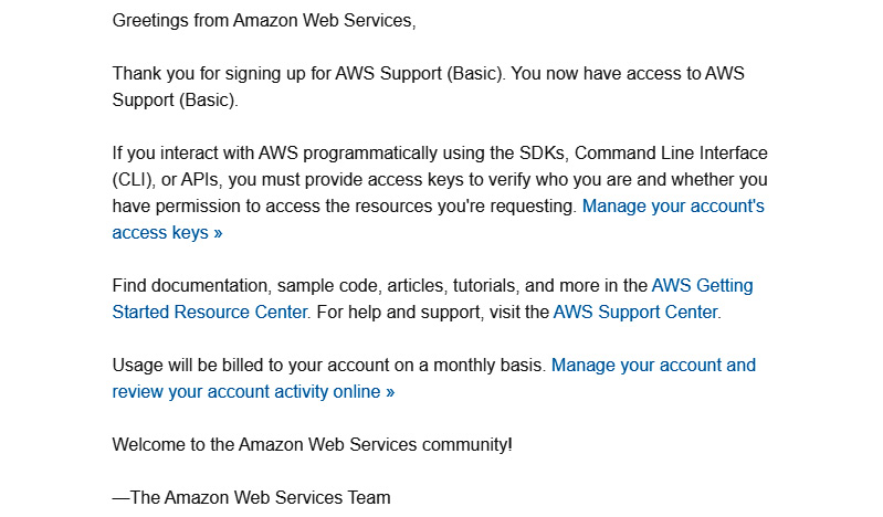 Figure 1.3 – Email from AWS after account creation
