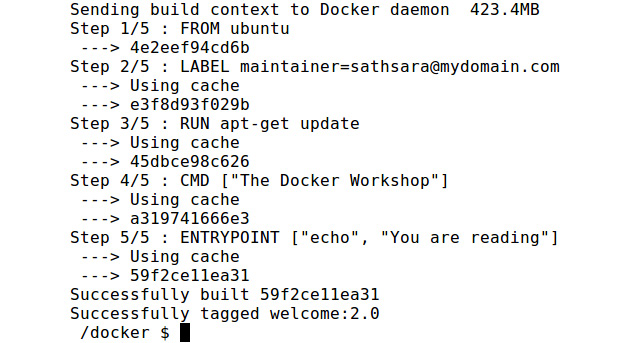 Figure 2.4: Building the welcome:1.0 Docker image using the cache
