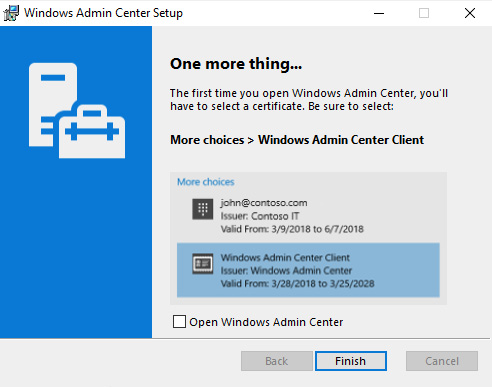 Figure 1.25 – Selecting Windows Admin Center Client in the Windows Admin Center Setup window
