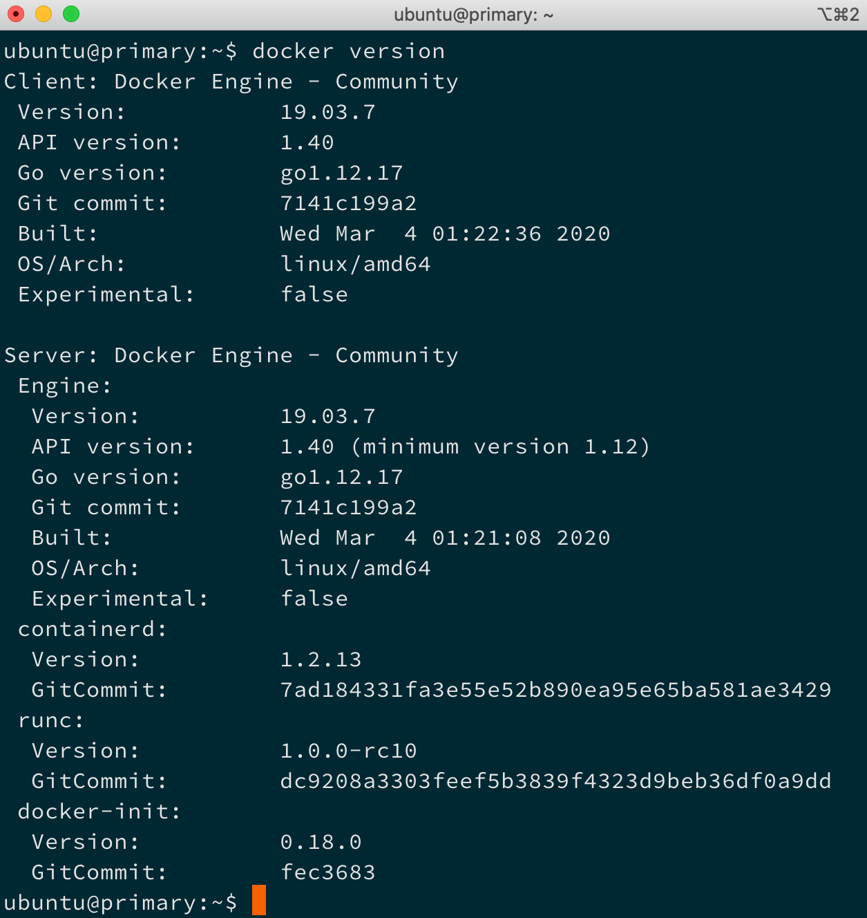 Figure 1.3 – Output of the docker version command showing the version of Docker installed on the system