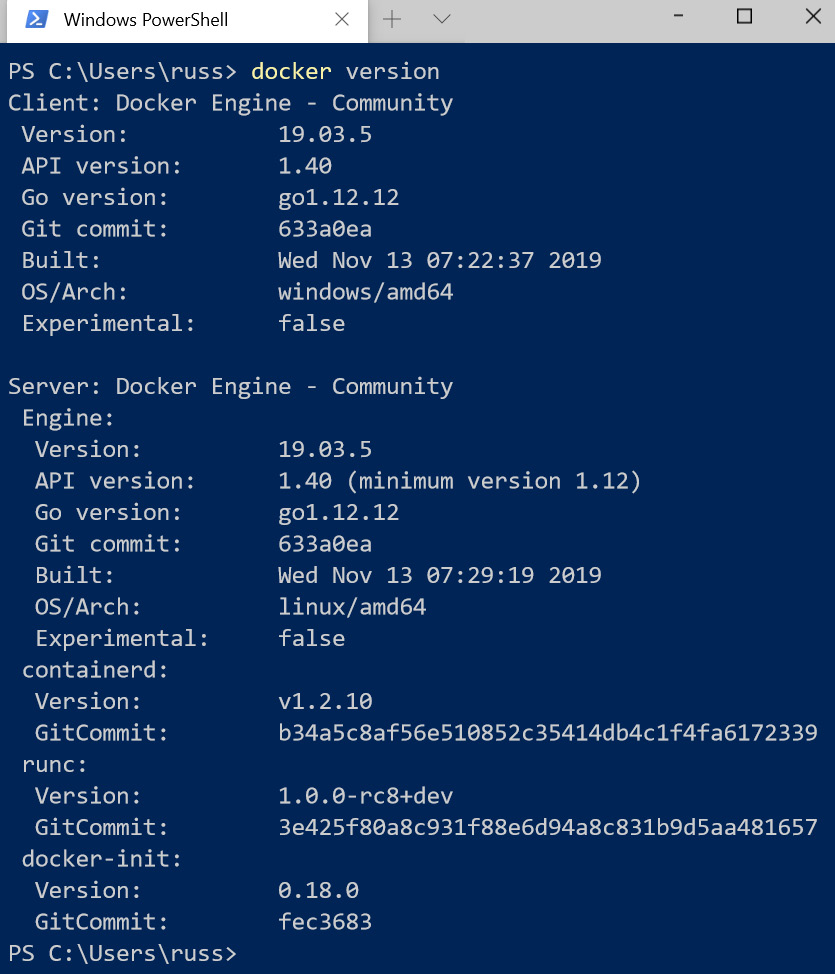 Figure 1.11 – Output of the docker version command
