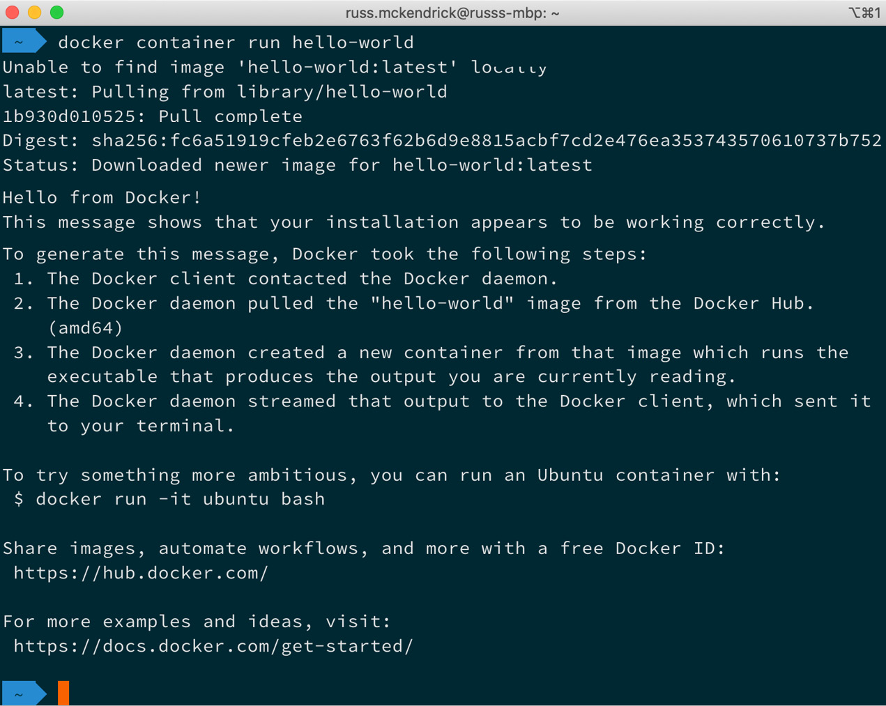 Figure 1.12 – Output for docker container run hello-world
